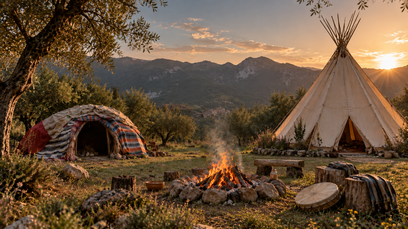Naiwa retreat in an olive grove with a large tipi, temazcal, fire and mountains